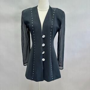 Vintage Caché Blazer Small Black Mesh Sleeves Crystal‎ Buttons 90s Y2K Jacket